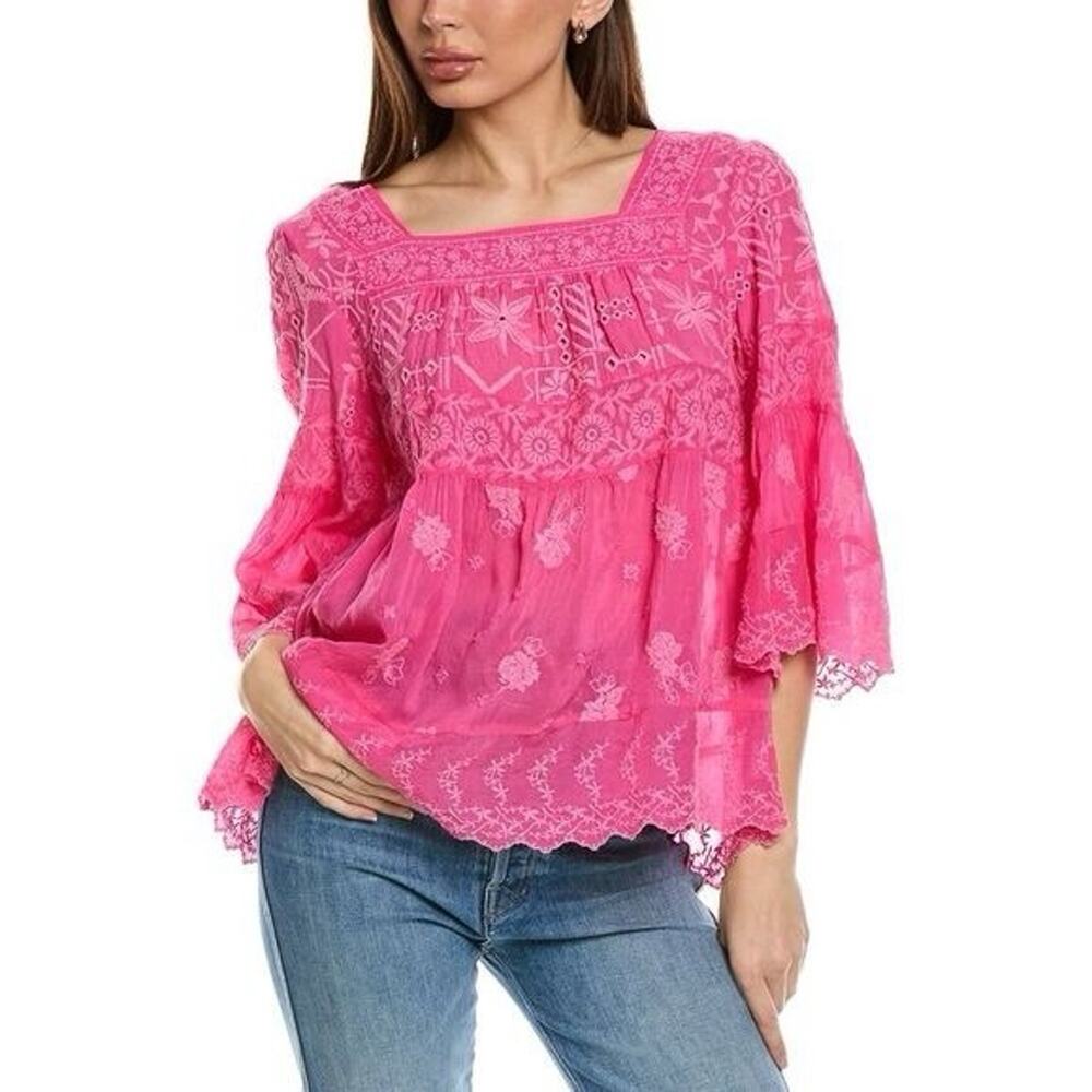 Johnny Was Odette Eyelet Embroidered Tunic Top Size M Boho Resort Chic